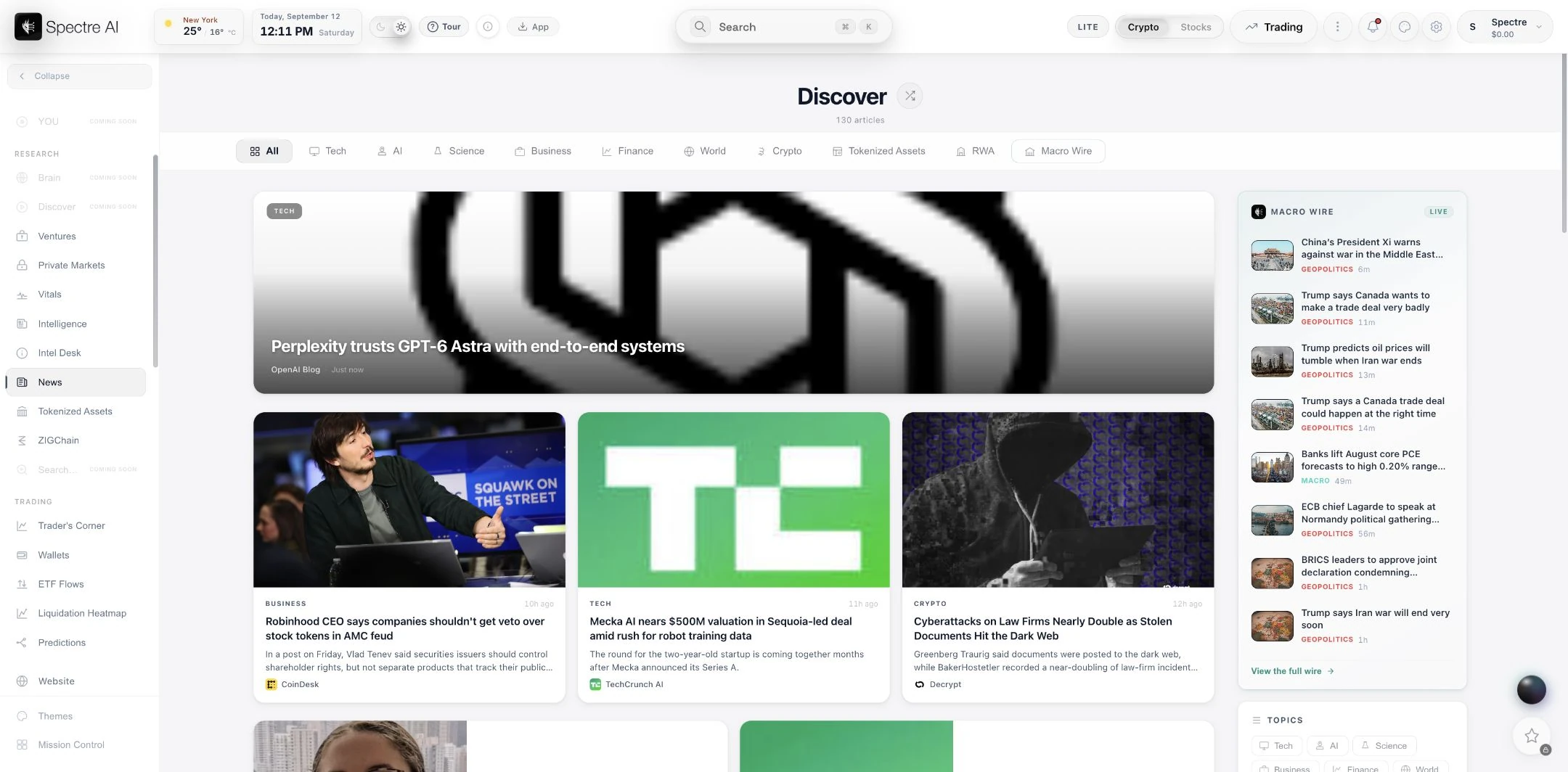 Spectre News workspace with topic filters and macro wire