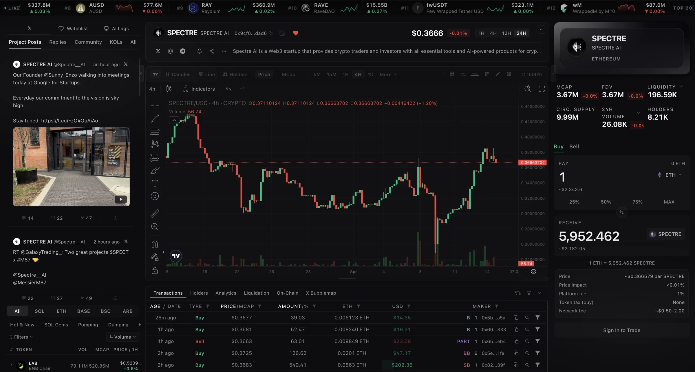 Spectre trading workspace with an asset chart, transactions, watchlist and token liquidity information